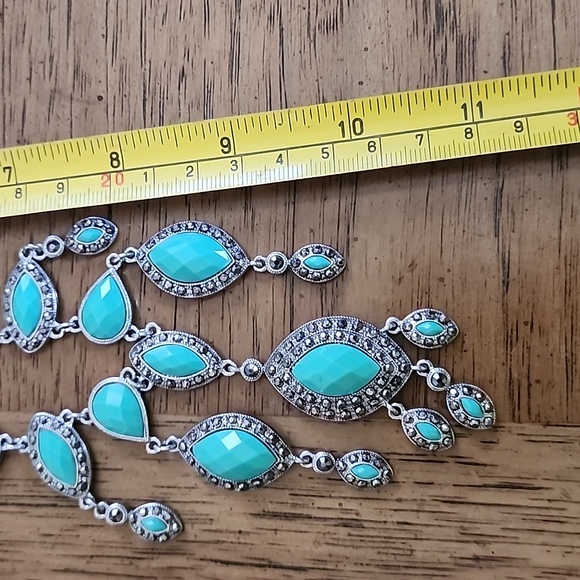 Vintage inspired turquoise marcasite style costume jewelry drop dangle necklace - Picture 5 of 5